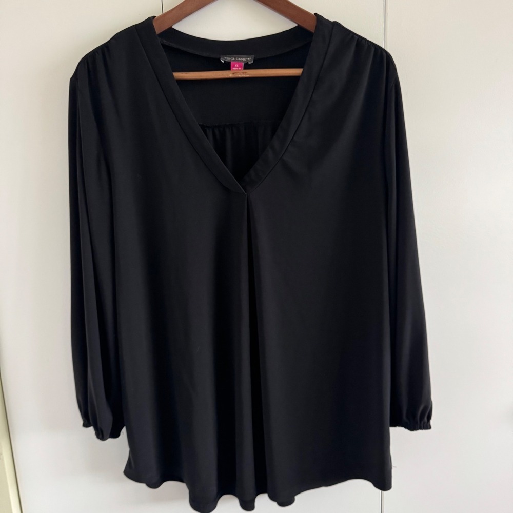 Vince Camuto Womens XL Black V-Neck Pleat Front Long Sleeve Blouse Top